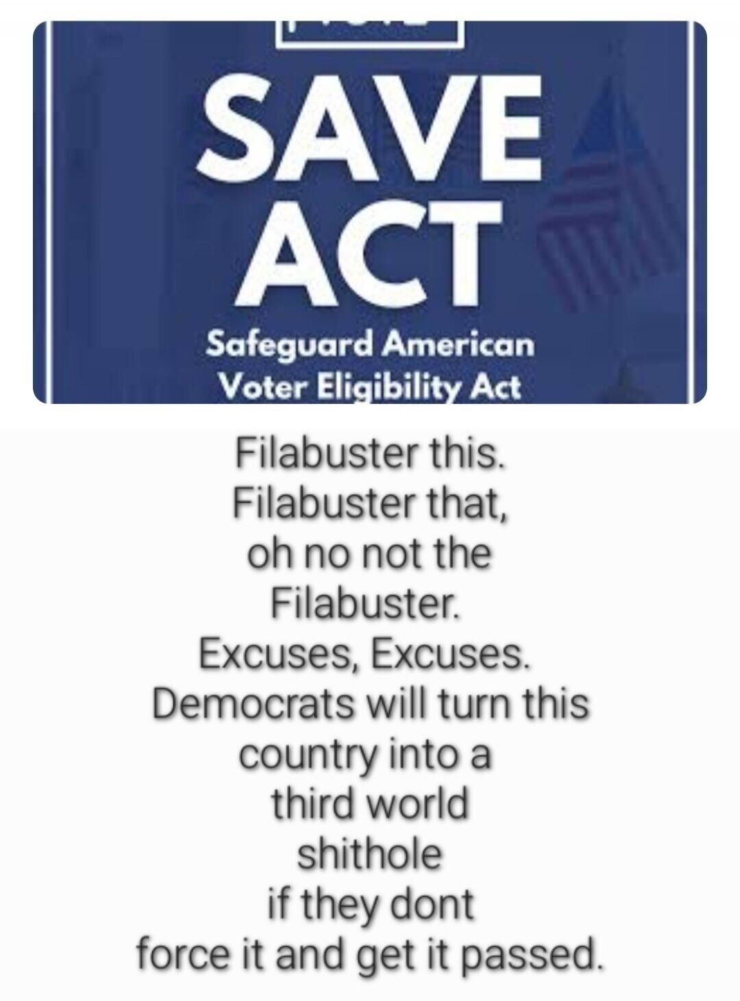 SAVE ACT Safeguard American Voter Eligibility Act Filabuster this. Filabuster that, oh no not the Filabuster. Excuses, Excuses. Democrats will turn this country into a third world shithole if they dont force it and get it passed.