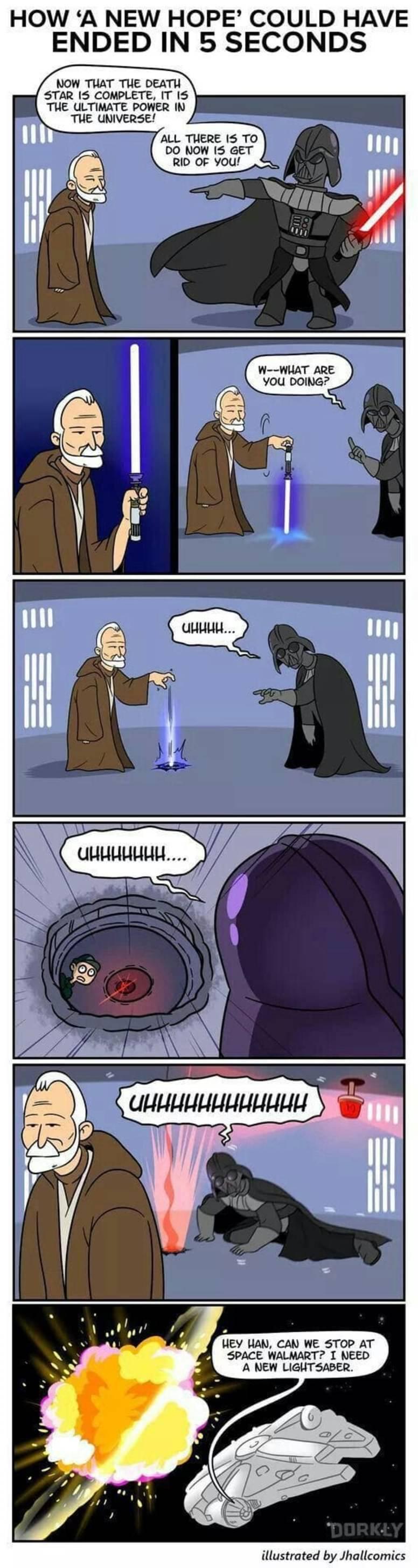 HOW A NEW HOPE COULD HAVE ENDED IN 5 SECONDS NOW TUAT TIIE DEATH STAR IS CONPLETE IT 15 WEY WAN CAN WE STOP AT fl SPACE WALMART 1 NEED illustrated by Jhallcomics