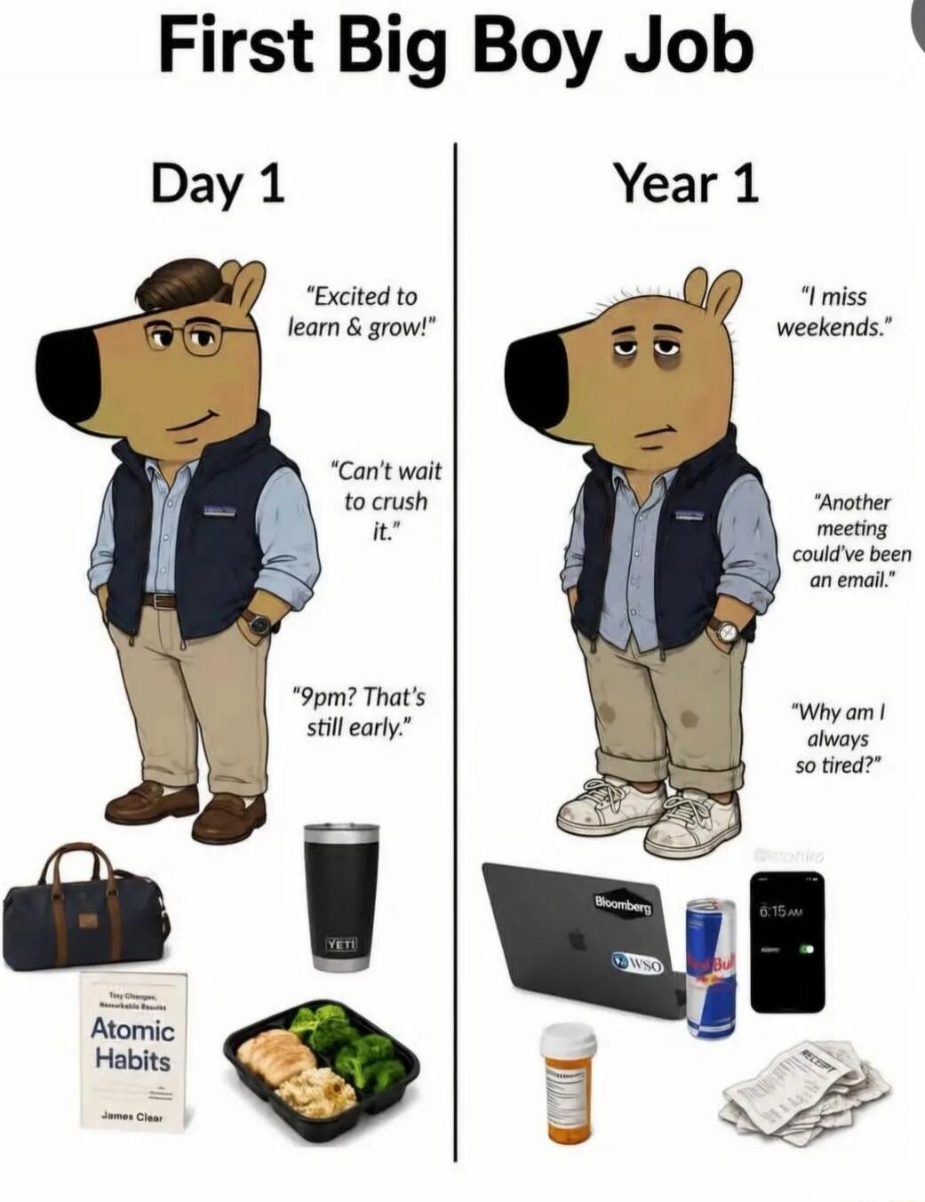First Big Boy Job Day 1 Excited to learn & grow! Can't wait to crush it. 9pm? That's still early. Year 1 I miss weekends. Another meeting could've been an email. Why am I always so tired? Atomic Habits James Clear YETI Bloomberg WSO 6:15 AM