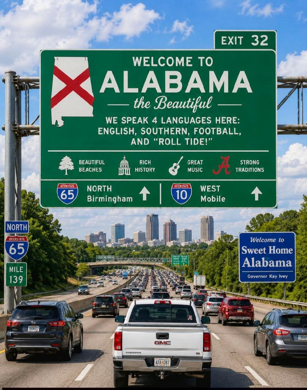 EXIT 32. WELCOME TO ALABAMA - the Beautiful. WE SPEAK 4 LANGUAGES HERE: ENGLISH, SOUTHERN, FOOTBALL, AND 