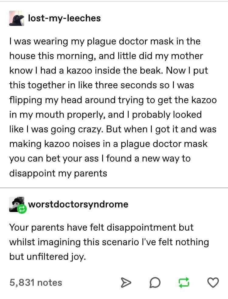 x lost my leeches was wearing my plague doctor mask in the house this morning and little did my mother know had a kazoo inside the beak Now put this together in like three seconds so was flipping my head around trying to get the kazoo in my mouth properly and probably looked like was going crazy But when got it and was making kazoo noises in a plague doctor mask you can bet your ass found a new wa