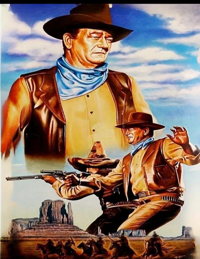 Vintage western poster featuring cowboys in a desert landscape. A large close-up portrait of a stern-looking man in a brown vest and blue scarf, with smaller action scene of cowboys drawing guns in the foreground.