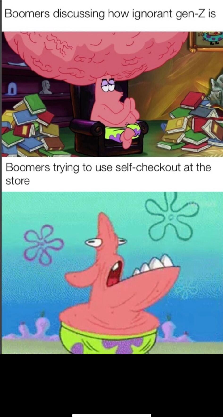 Boomers discussing how ignorant gen Z is Boomers trying to use self checkout at the store