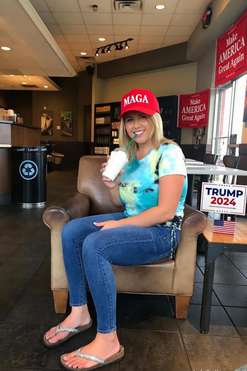 A woman wearing a red MAGA hat is sitting in a cafe, holding a drink with a straw. In the background, there are banners that say 'Make America Great Again' and a sign on a table that reads 'Trump 2024'. Other visible text includes 'Landfill' and 'Recycle' on a bin.