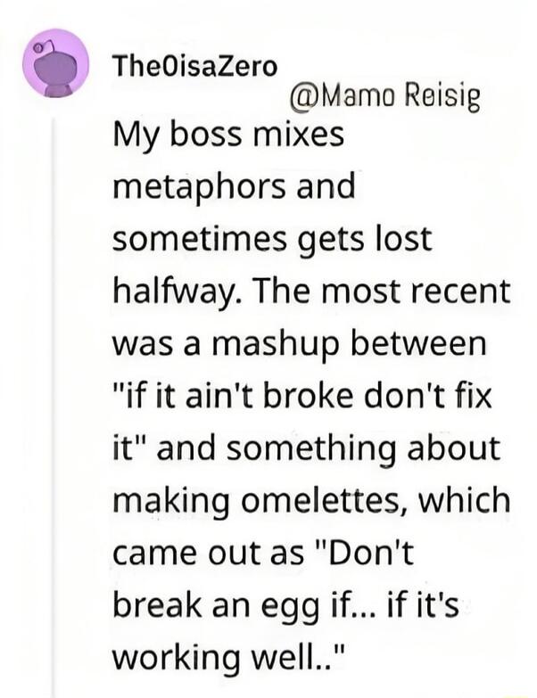 il TheOisaZero o Mamo Reisig My boss mixes metaphors and sometimes gets lost halfway The most recent was a mashup between if it aint broke dont fix it and something about making omelettes which came out as Dont break an egg if if its working well