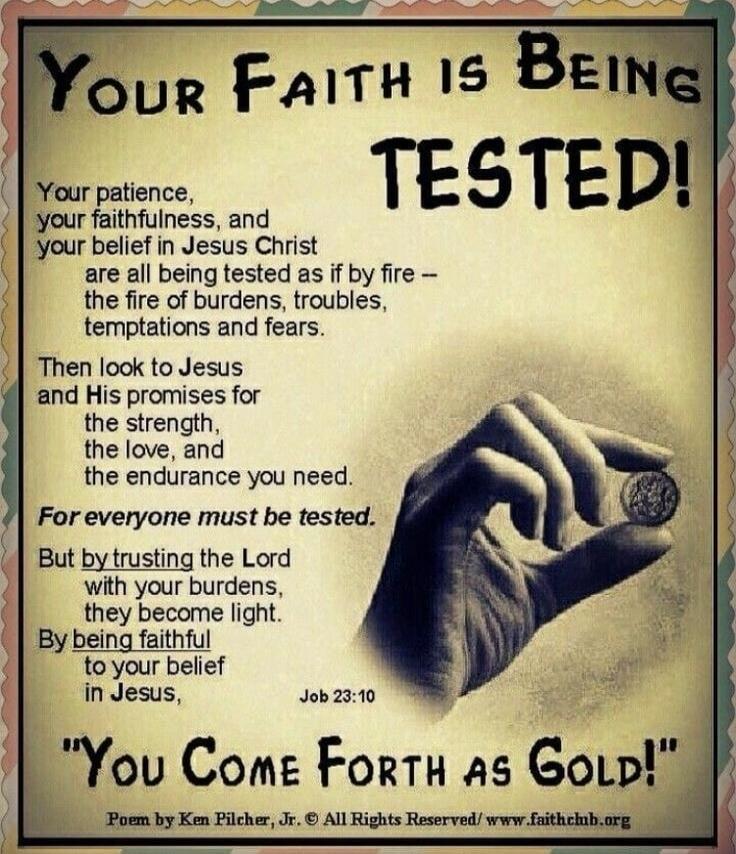 YOUR FAITH IS BEING TESTED! Your patience, your faithfulness, and your belief in Jesus Christ are all being tested as if by fire – the fire of burdens, troubles, temptations and fears. Then look to Jesus and His promises for the strength, the love, and the endurance you need. For everyone must be tested. But by trusting the Lord with your burdens, 