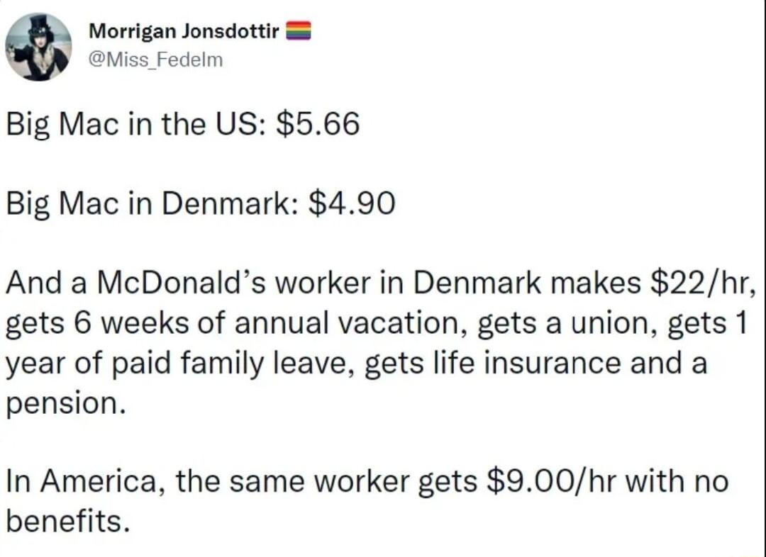 Morrigan Jonsdottir Miss Fedelm Big Mac in the US 566 Big Mac in Denmark 490 And a McDonalds worker in Denmark makes 22hr gets 6 weeks of annual vacation gets a union gets 1 year of paid family leave gets life insurance and a pension In America the same worker gets 900hr with no benefits