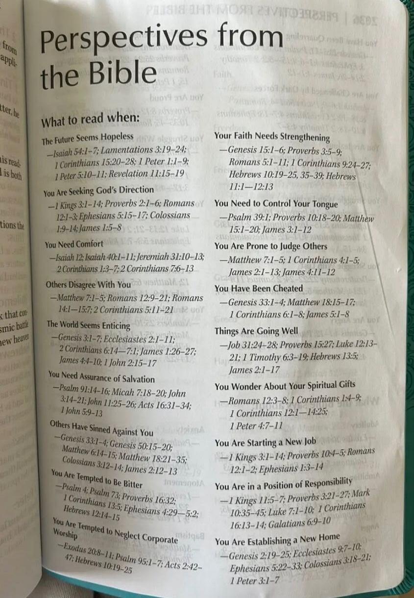 Perspectives from the Bible. What to read when: The Future Seems Hopeless - Isaiah 54:1-7; Lamentations 3:19-24; 1 Corinthians 15:20-28; 1 Peter 1:1-9; 1 Peter 5:10-11; Revelation 11:15-19. You Are Seeking God's Direction - 1 Kings 3:1-14; Proverbs 2:1-6; Romans 12:1-3; Ephesians 5:15-17; Colossians 1:9-14; James 1:5-8. You Need Comfort - Isaiah 12