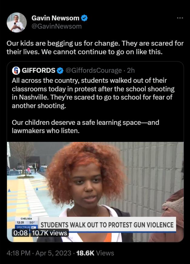 Our kids are begging us for change They are scared for their lives We cannot continue to go on like this GIFFORDS Giffor 2h All across the country students walked out of their classrooms today in protest after the school shooting in Nashville Theyre scared to go to school for fear of another shooting Our children deserve a safe learning spaceand lawmakers who listen