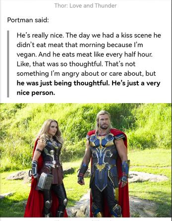 Portman said Hes really nice The day we had a kiss scene he didnt eat meat that morning because Im vegan And he eats meat like every half hour Like that was so thoughtful Thats not something Im angry about or care about but he was just being thoughtful Hes just a very nice person