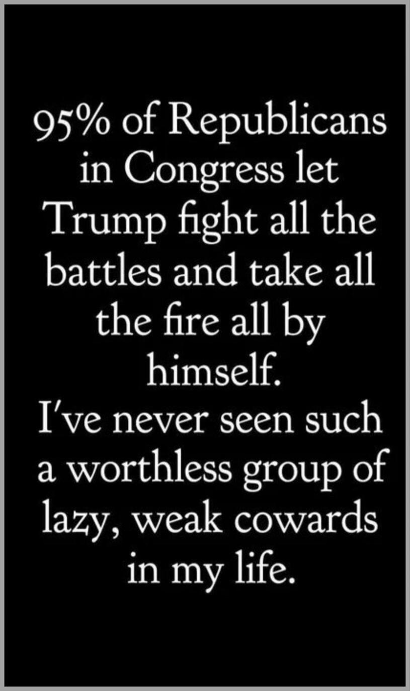 95% of Republicans in Congress let Trump fight all the battles and take all the fire all by himself. I've never seen such a worthless group of lazy, weak cowards in my life.