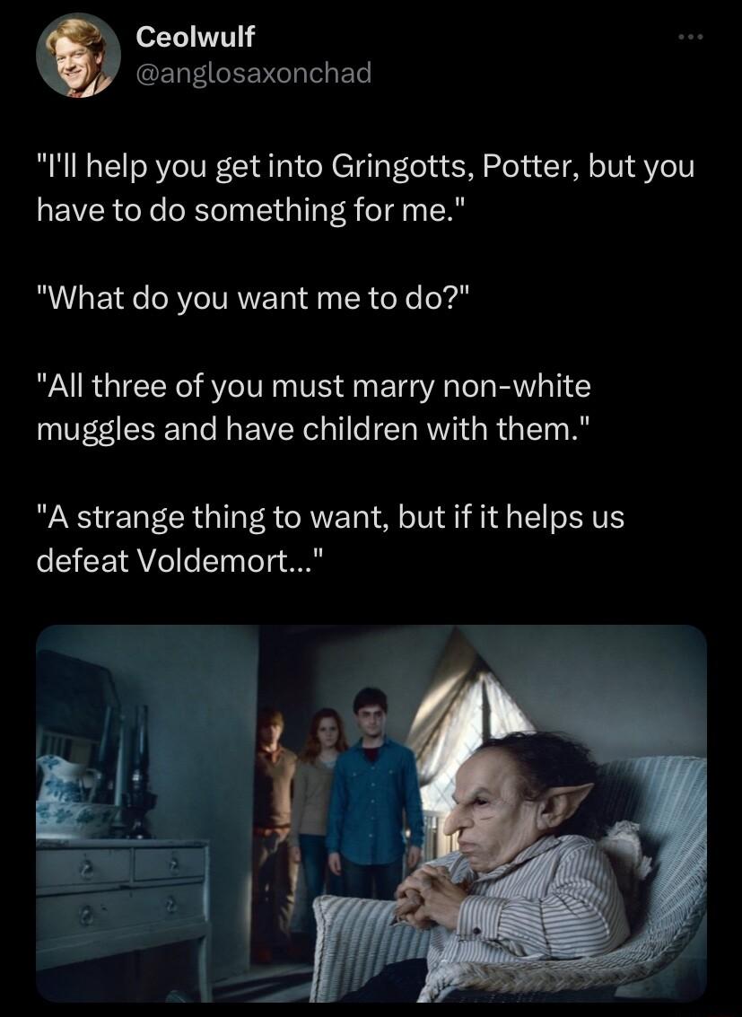 Ceolwulf anglosaxonchad Ill help you getinto Gringotts Potter but you EVERCGR Rl T o1 SR What do you want me to do All three of you must marry non white N L BN RV G RGN S ENECR IR CRNE AL TG TS defeat Voldemort