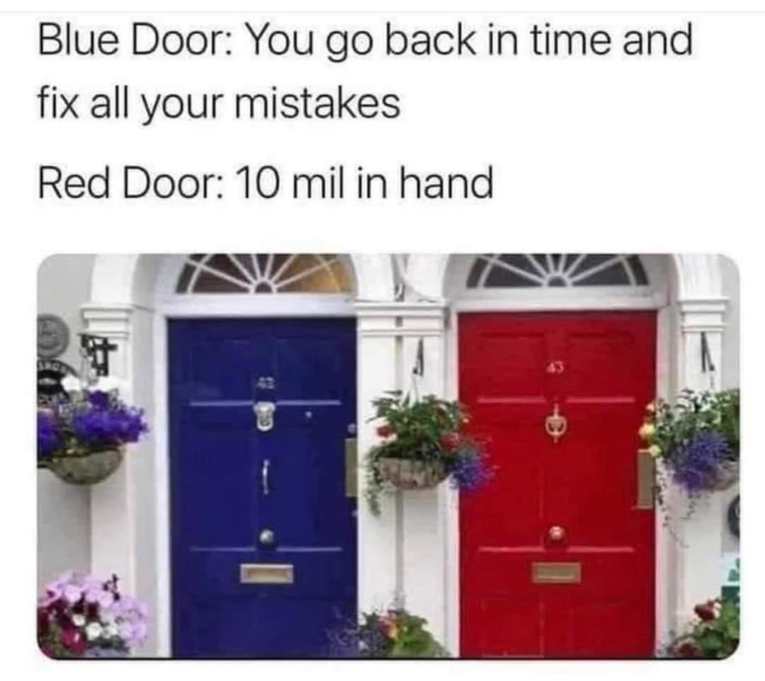 Blue Door You go back in time and fix all your mistakes Red Door 10 mil in hand N TR 1