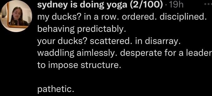 sydney is doing yoga 2100 19h my ducks in a row ordered disciplined behaving predictably your ducks scattered in disarray waddling aimlessly desperate for a leader to impose structure EIGETS O 107 11 1906 174Kk 1