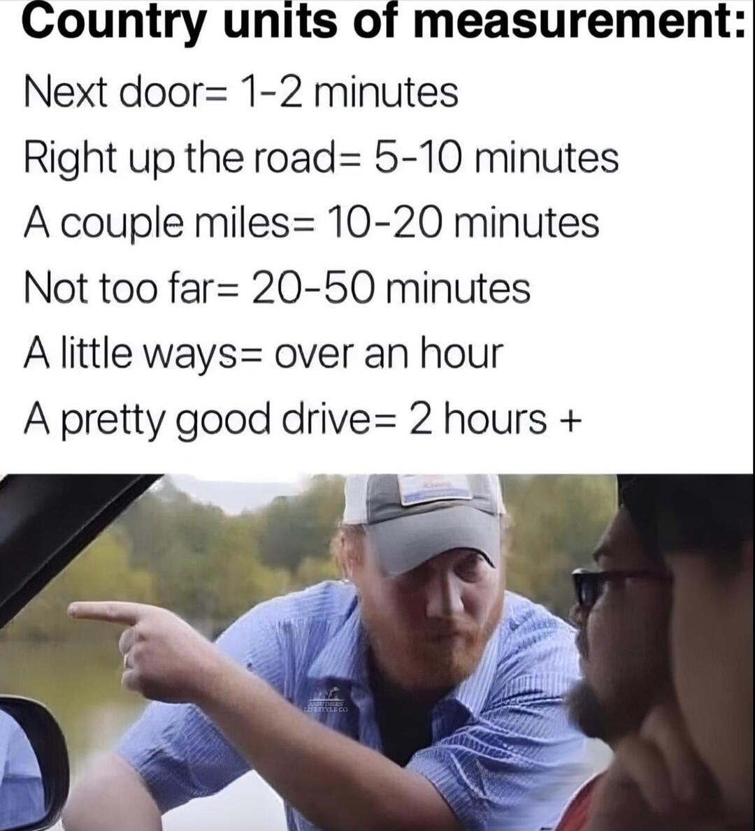 Country units of measurement Next door 1 2 minutes Right up the road 5 10 minutes A couple miles10 20 minutes Not too far 20 50 minutes A little ways over an hour A pretty good drive 2 hours