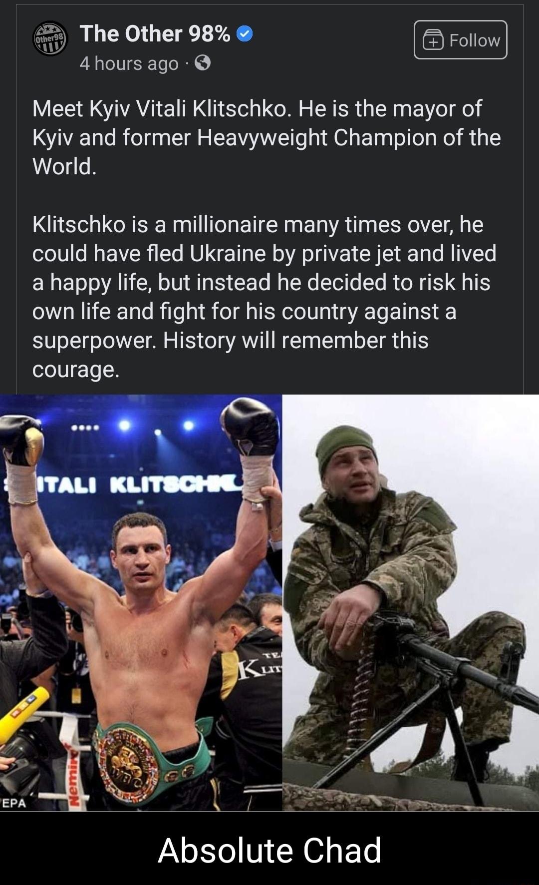 The Other 98 4 hours ago WER S SA E 1o oM S SR ER SR Vo fo VA TaTo B folq g g Tl o S AVAOVZT o 0 g T g To o g o 14 World Klitschko is a millionaire many times over he could have fled Ukraine by private jet and lived EETo AN M o01 ST EY FTo o TWe Tol o To R oW g R Q4 IES own life and fight for his country against a superpower History will remember this courage Absolute Chad