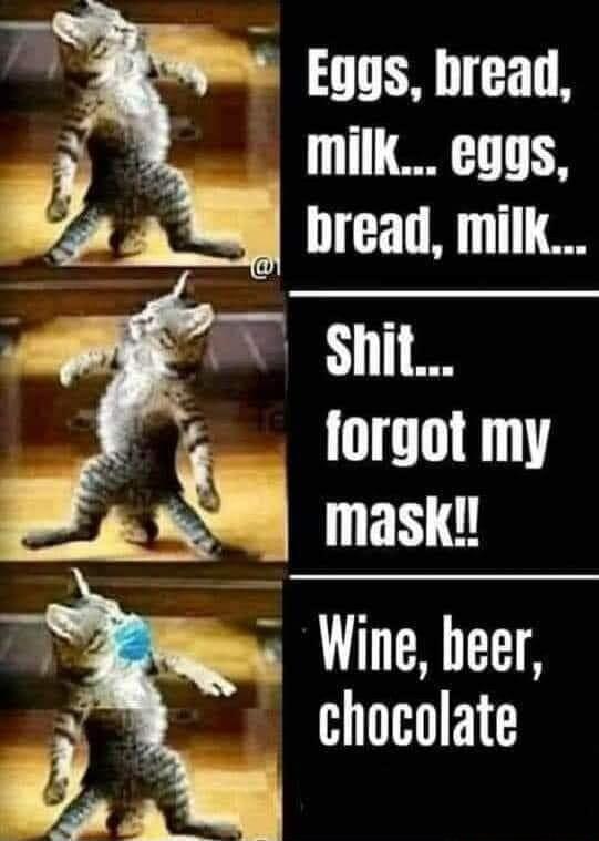 Eggs bread milK eggs bread milk Shit lorgot my o mask S Wine beer chocolate
