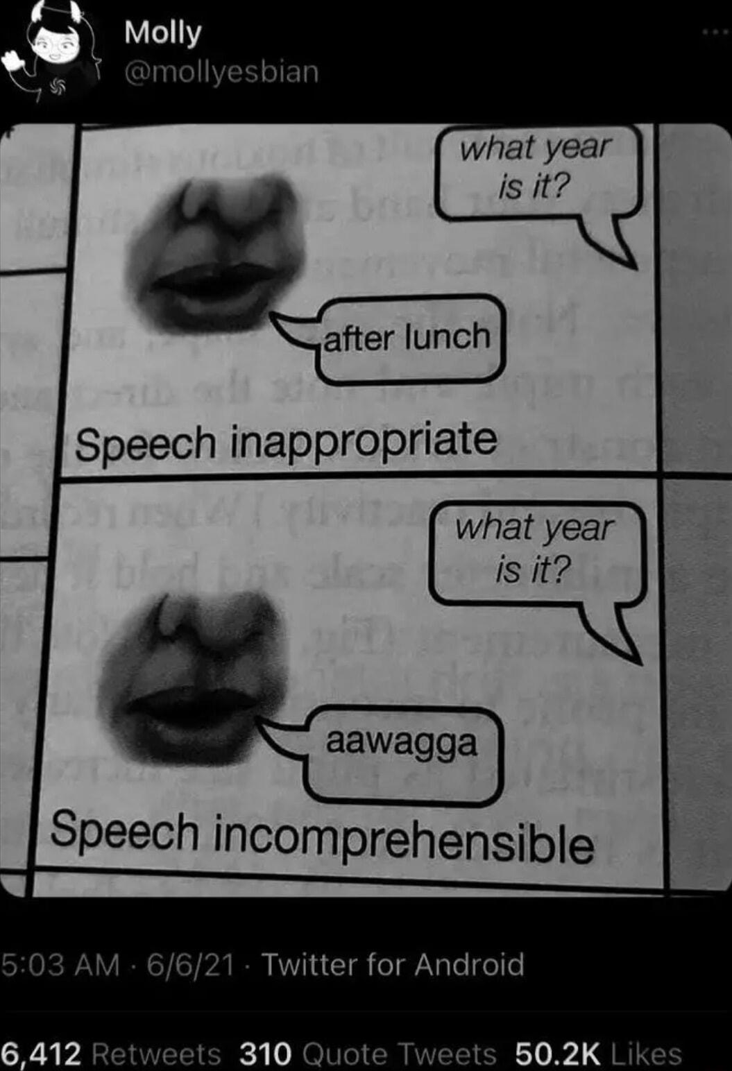 Molly omollyesbian what year isit Speech inappropriate what year is it Speech incomprehensible Twitter for Android eets 310 Quote Tweets 502K Like