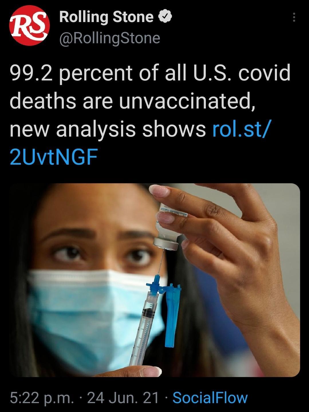 RS Rolling Stone RollingStone 992 percent of all US covid deaths are unvaccinated new analysis shows rolst 2UvINGF 522 pm 24 Jun 21 SocialFlow