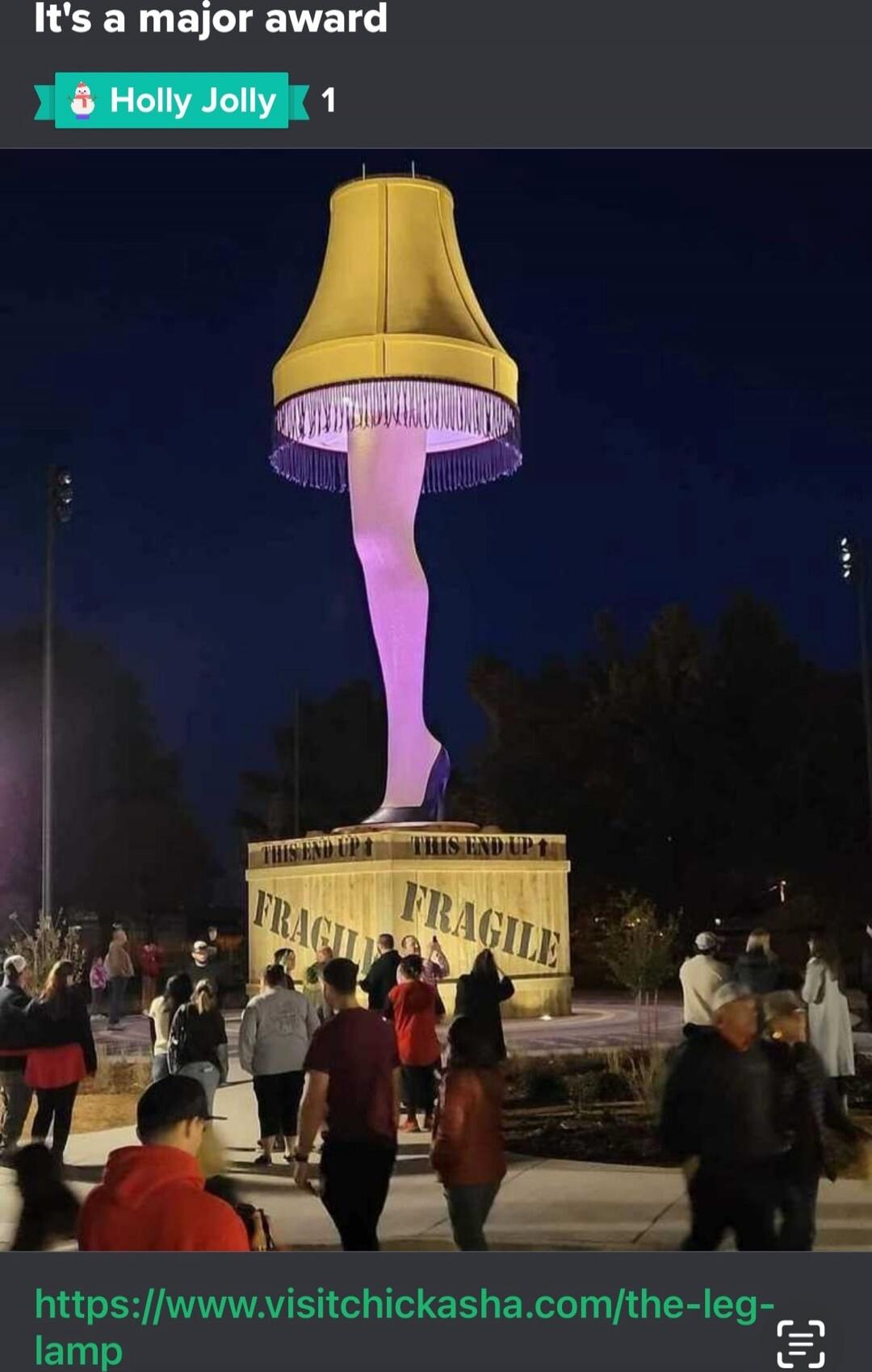 It's a major award
Holly Jolly
1
https://www.visitchickasha.com/the-leg-lamp