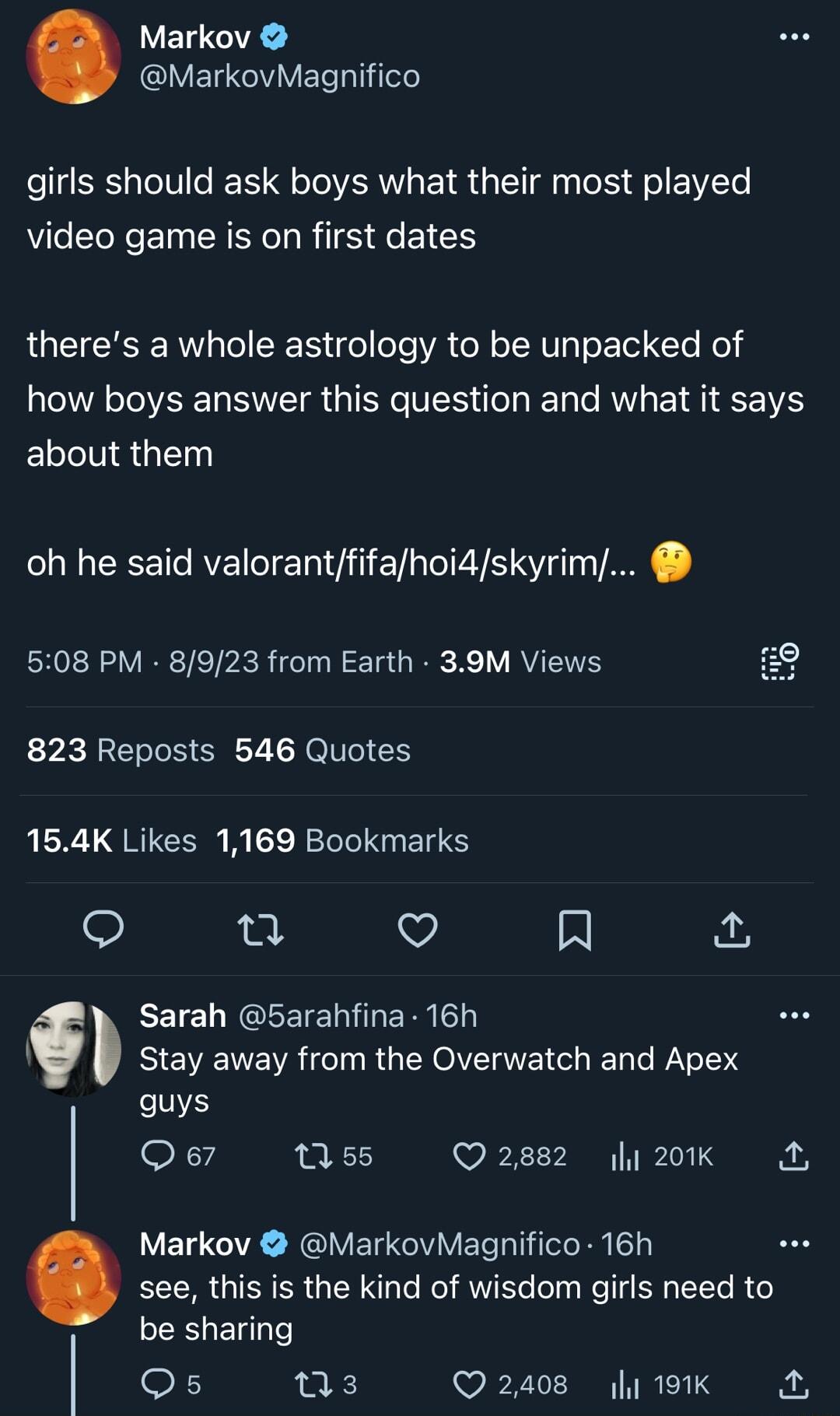 Markov MarkovMagnifico girls should ask boys what their most played video game is on first dates theres a whole astrology to be unpacked of LRIV L SIS QISR IS ol e AV B 1 1Y about them oh he said valorantfifahoi4skyrim 508 PM 8923 from Earth 39M Views 823 Reposts 546 Quotes 154K Likes 1169 Bookmarks e V R Sarah 5arahfina 16h RIEENE R T R GENOVEINETC Rl T WY guys Qe 1155 Q2882 201K Markov MarkovMag