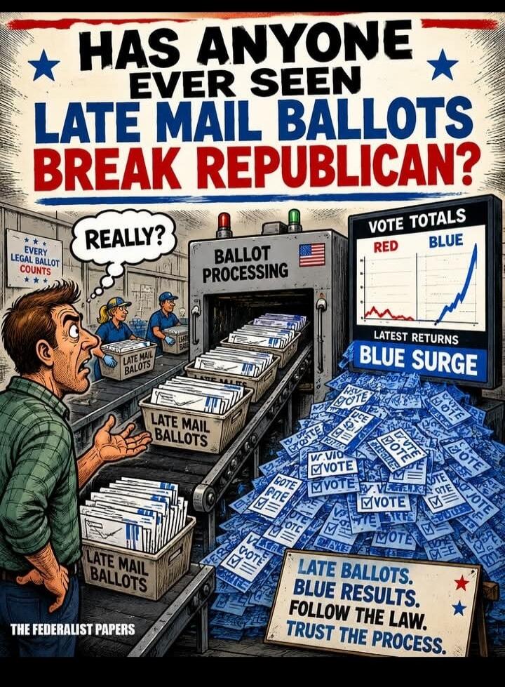 HAS ANYONE EVER SEEN LATE MAIL BALLOTS BREAK REPUBLICAN? REALLY? EVERY LEGAL BALLOT COUNTS. BALLOT PROCESSING. VOTE TOTALS. RED. BLUE. LATEST RETURNS. BLUE SURGE. LATE BALLOTS. BLUE RESULTS. FOLLOW THE LAW. TRUST THE PROCESS. LATE MAIL BALLOTS.
