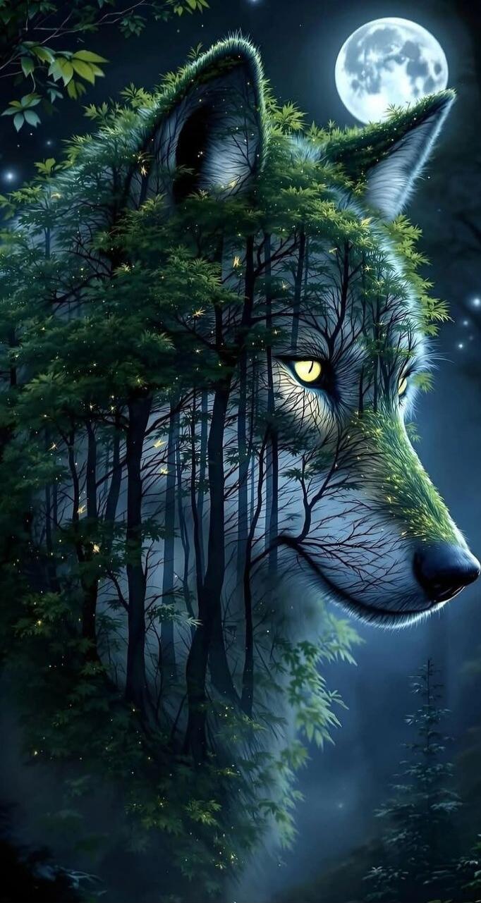 A double exposure artwork blending a forest and a wolf's profile under moonlight.