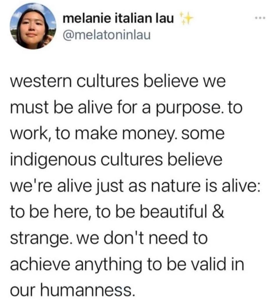 melanie italianlau melatoninlau western cultures believe we must be alive for a purpose to work to make money some indigenous cultures believe were alive just as nature is alive to be here to be beautiful strange we dont need to achieve anything to be valid in our humanness