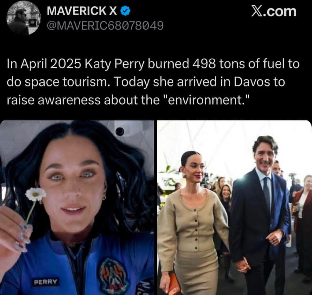 In April 2025 Katy Perry burned 498 tons of fuel to do space tourism. Today she arrived in Davos to raise awareness about the 