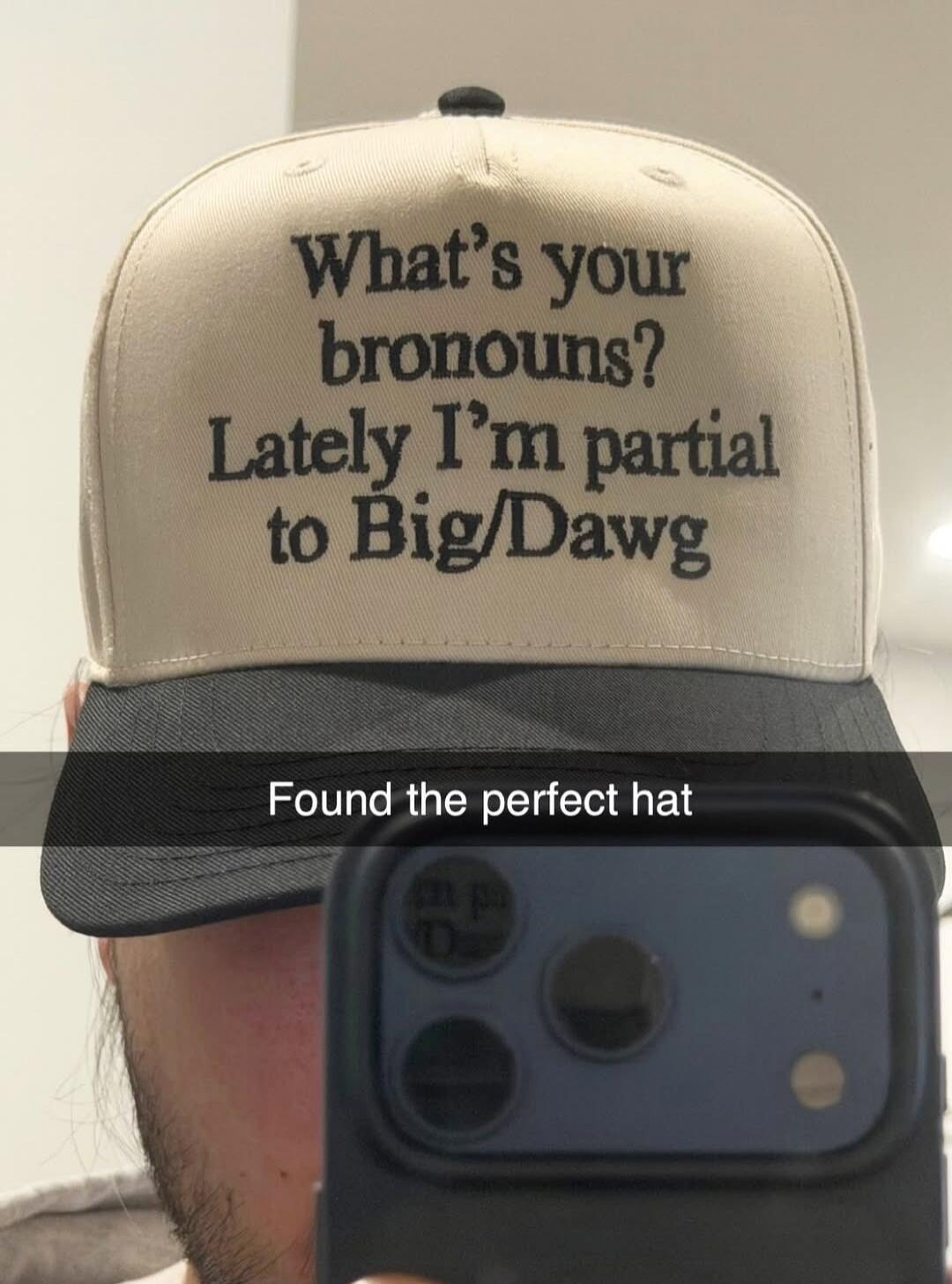 What's your bronouns? Lately I'm partial to Big/Dawg. Found the perfect hat.