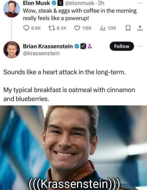 Elon Musk B elonmusk 2h 6 Wow steak eggs with coffee in the morning really feels like a powerup Ossk tsek Ok hm 0 Brian Krassenstein i Foliow J krassenstein Sounds like a heart attack in the long term My typical breakfast is oatmeal with cinnamon and blueberries e A Krassensteln