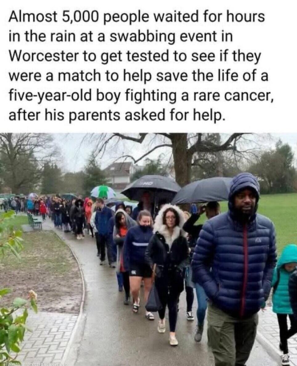 Almost 5,000 people waited for hours in the rain at a swabbing event in Worcester to get tested to see if they were a match to help save the life of a five-year-old boy fighting a rare cancer, after his parents asked for help.