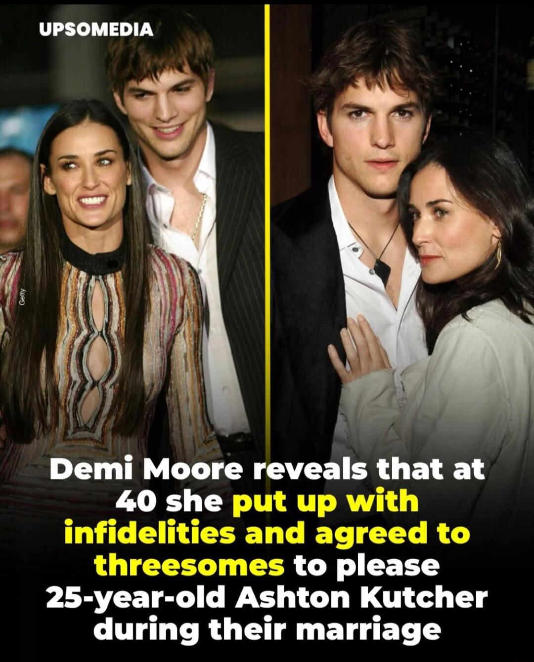 a tabloid-style headline claims that a celebrity reveals that at 40 she endured infidelities and agreed to threesomes to please her 25-year-old husband during their marriage