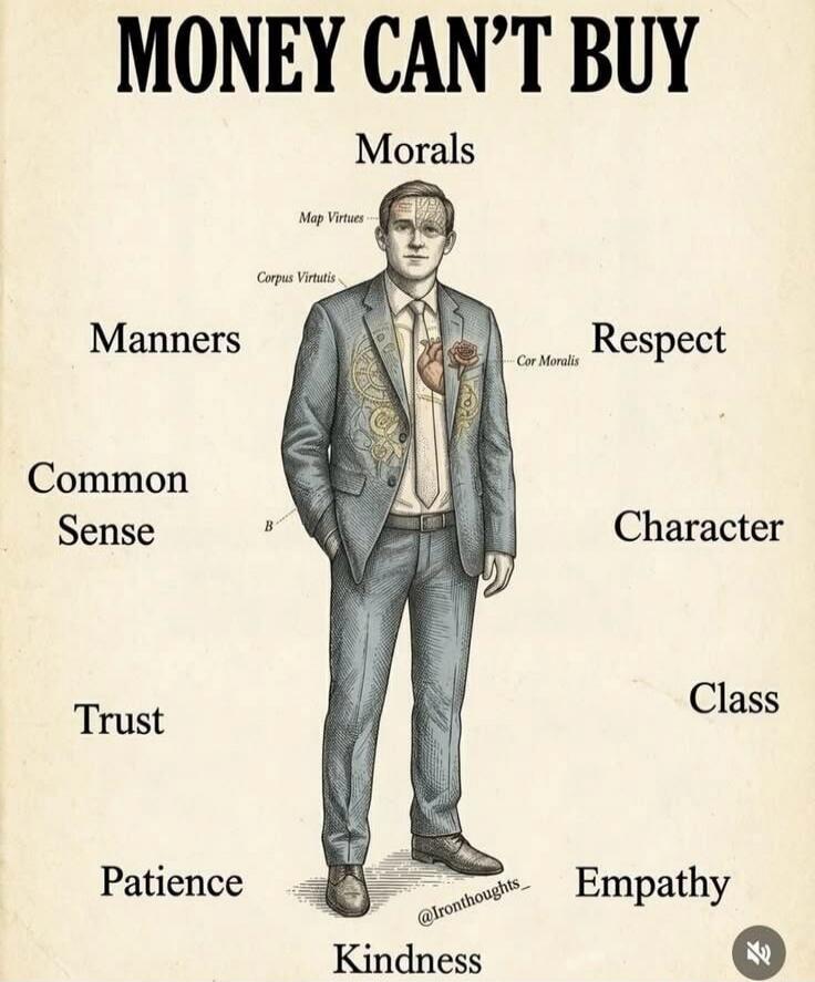 MONEY CAN'T BUY Morals Manners Common Sense Trust Patience Kindness Respect Character Class Empathy Map Virtues Corpus Virtutis Cor Moralis