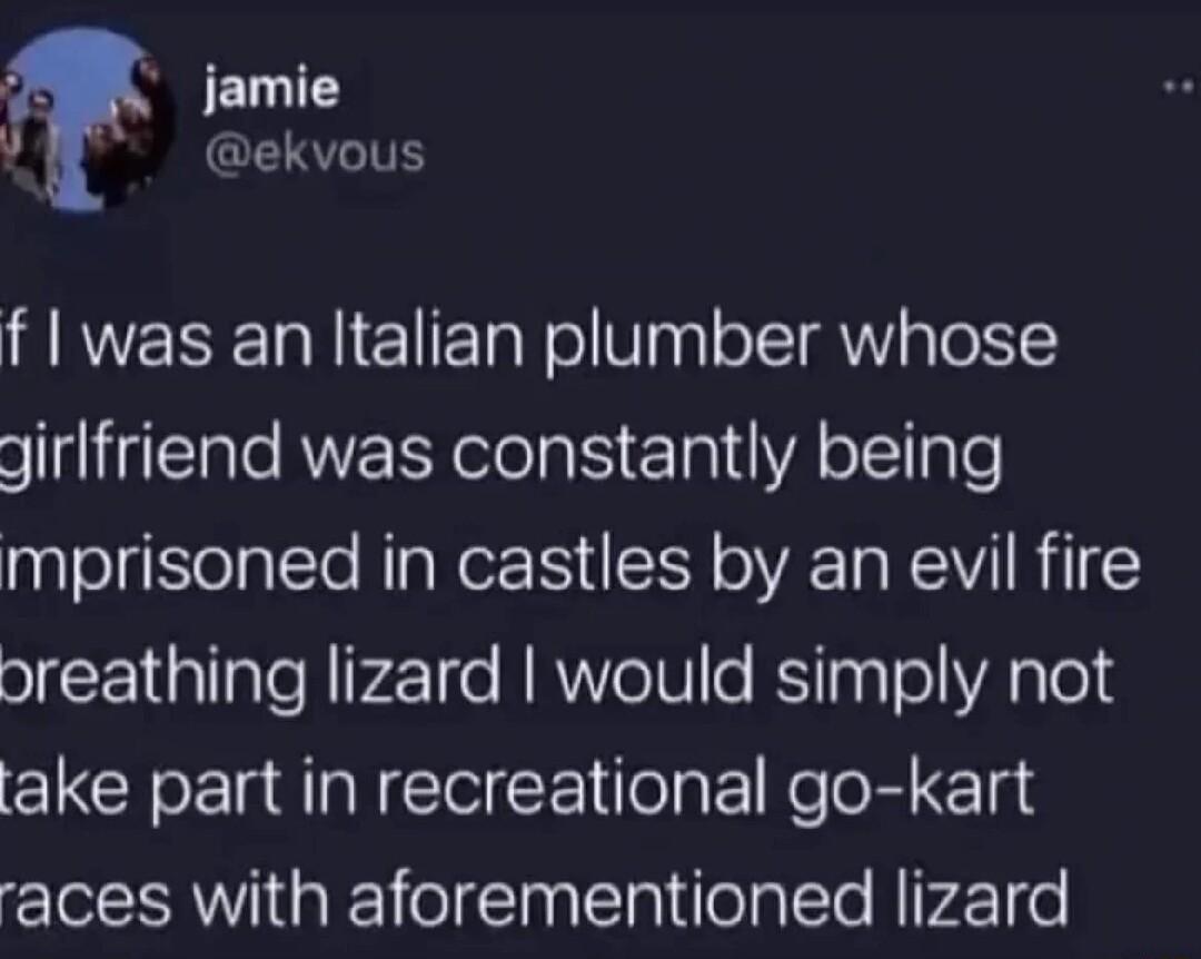 o SEELICY L GRS f 1 was an Italian plumber whose girlfriend was constantly being mprisoned in castles by an evil fire oreathing lizard would simply not ake part in recreational go kart aces with aforementioned lizard