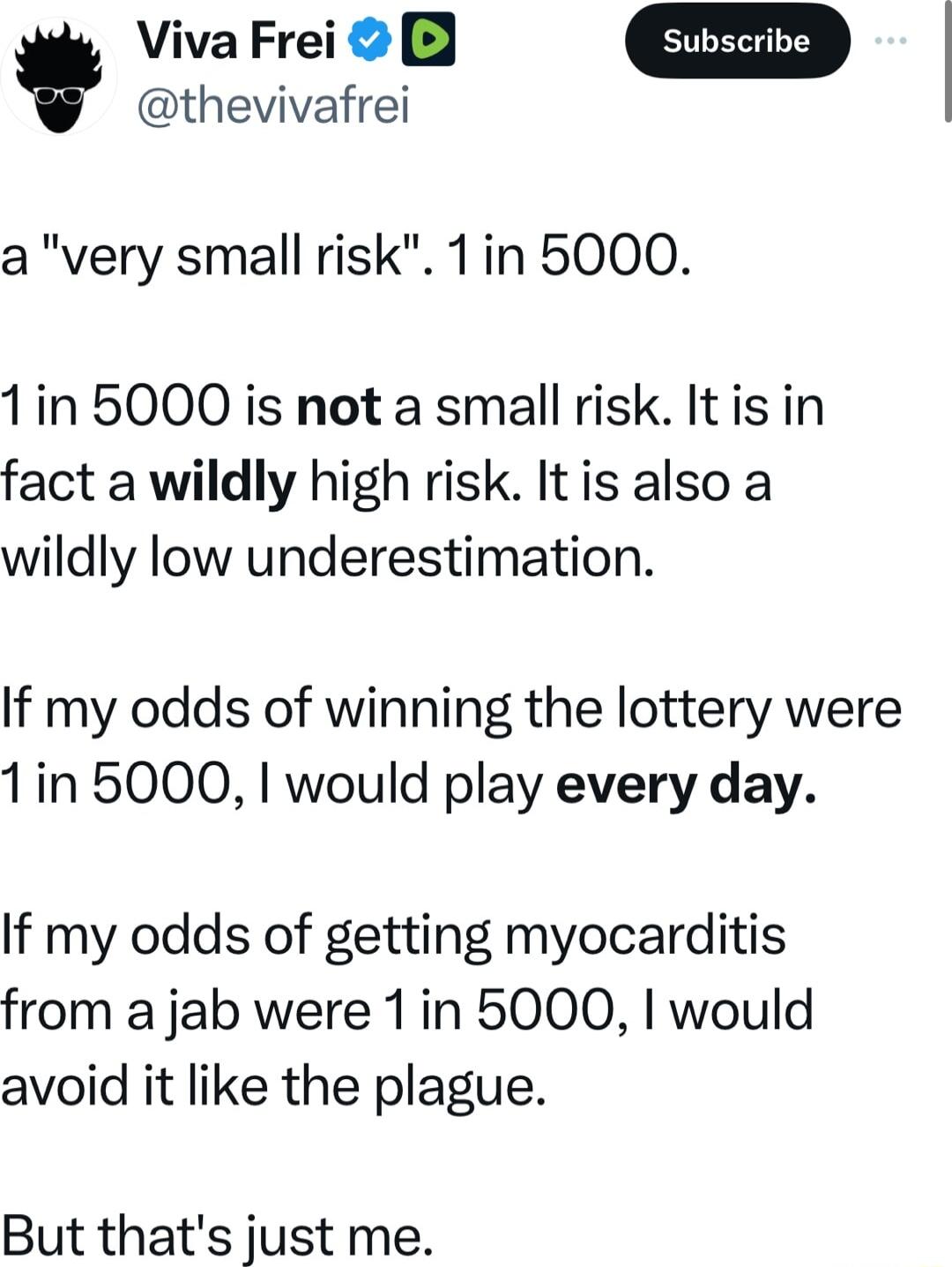 Viva Frei 23 w thevivafrei a very small risk 1in 5000 1in 5000 is not a small risk It is in fact a wildly high risk It is also a wildly low underestimation If my odds of winning the lottery were 1in 5000 would play every day If my odds of getting myocarditis from a jab were 1in 5000 would avoid it like the plague But thats just me