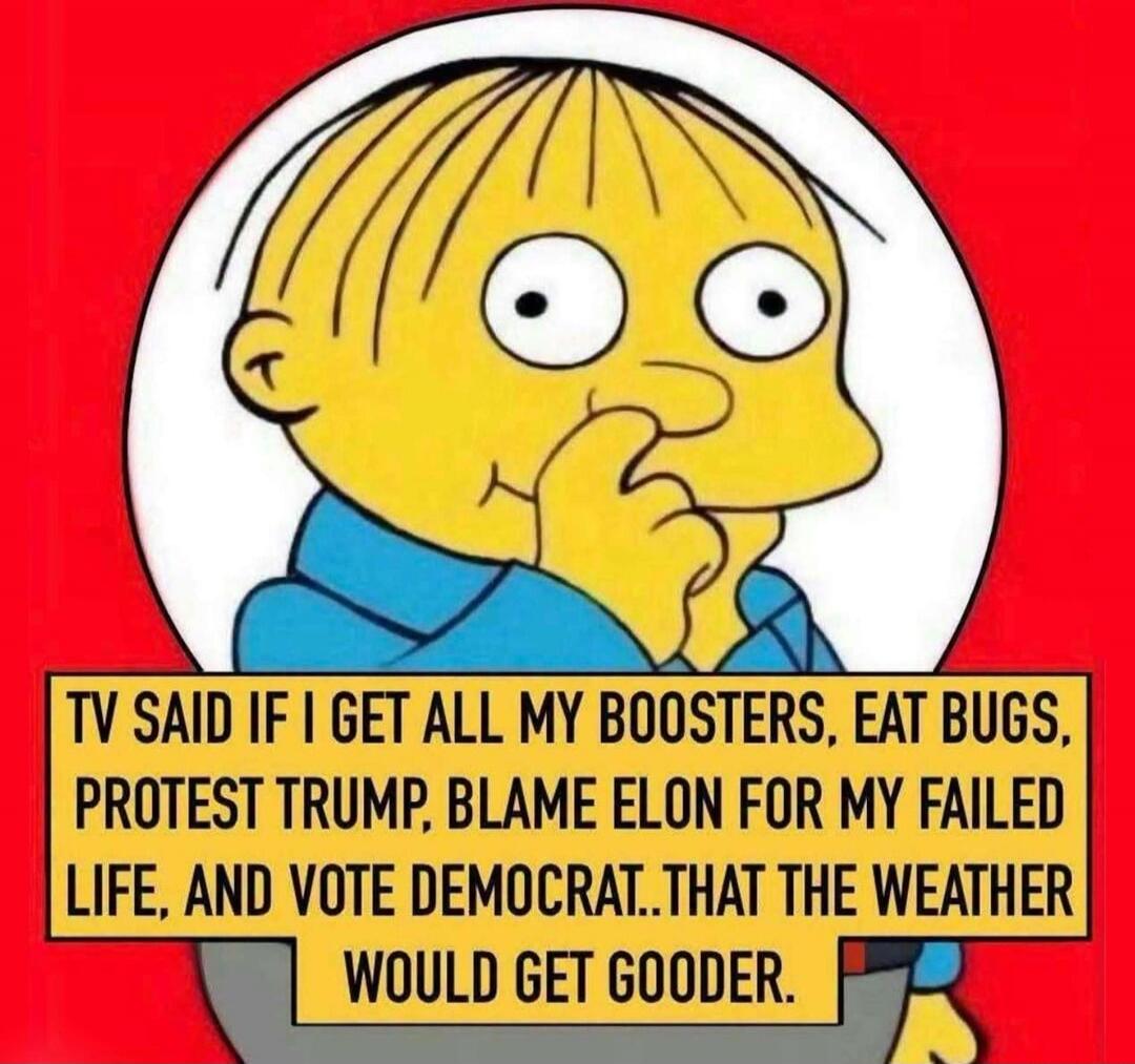 TV SAID IF I GET ALL MY BOOSTERS, EAT BUGS, PROTEST TRUMP, BLAME ELON FOR MY FAILED LIFE, AND VOTE DEMOCRAT..THAT THE WEATHER WOULD GET GOODER.