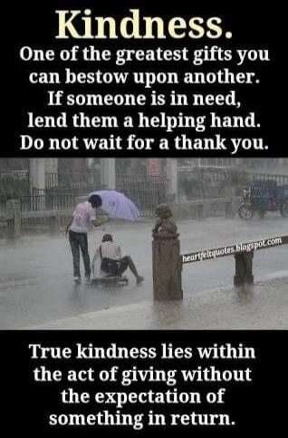 Kindness. One of the greatest gifts you can bestow upon another. If someone is in need, lend them a helping hand. Do not wait for a thank you. True kindness lies within the act of giving without the expectation of something in return. The image shows a person holding an umbrella over another person who is sitting on the wet ground in the rain, demo