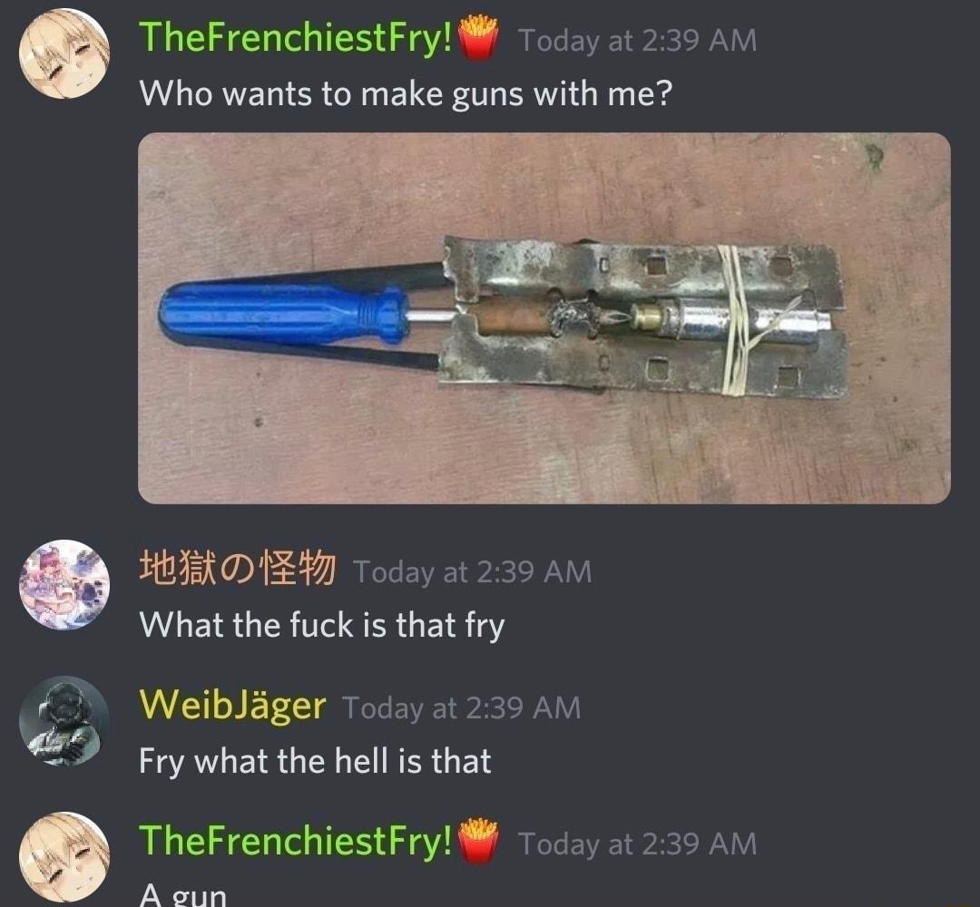 TheFrenchiestFry Who wants to make guns with me RO EY M What the fuck is that fry 7 Weiblager Tods D Fry what the hell is that TheFrenchiestFry Tods o A oun