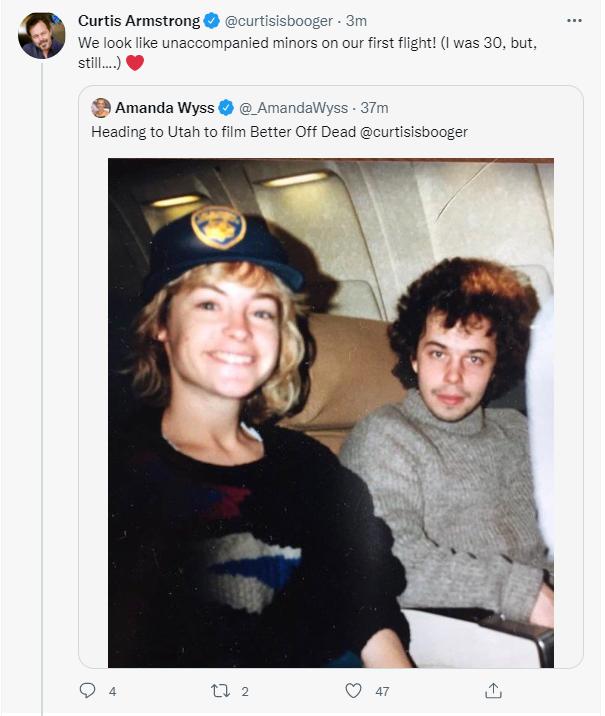 Curtis Armstrong curtisisbooger We look like unaccompanied minors on our first flight 1 was 30 but still Nyss 37m Amanda Wyss Aman Heading to Utah to film Better Off Dead curtisisbooger
