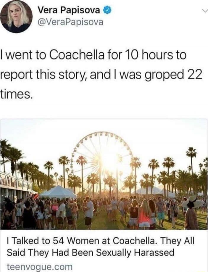 I went to Coachella for 10 hours to report this story, and I was groped 22 times. I talked to 54 women at Coachella. They all said they had been sexually harassed.