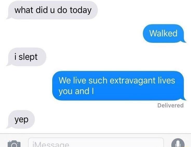 what did u do today? Walked. i slept. We live such extravagant lives you and I. yep.