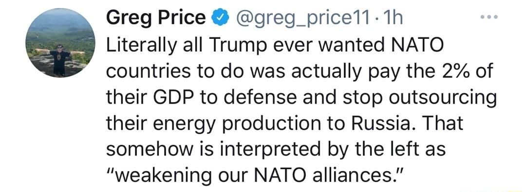 Greg Price greg_price11 1h Literally all Trump ever wanted NATO countries to do was actually pay the 2 of their GDP to defense and stop outsourcing their energy production to Russia That somehow is interpreted by the left as weakening our NATO alliances