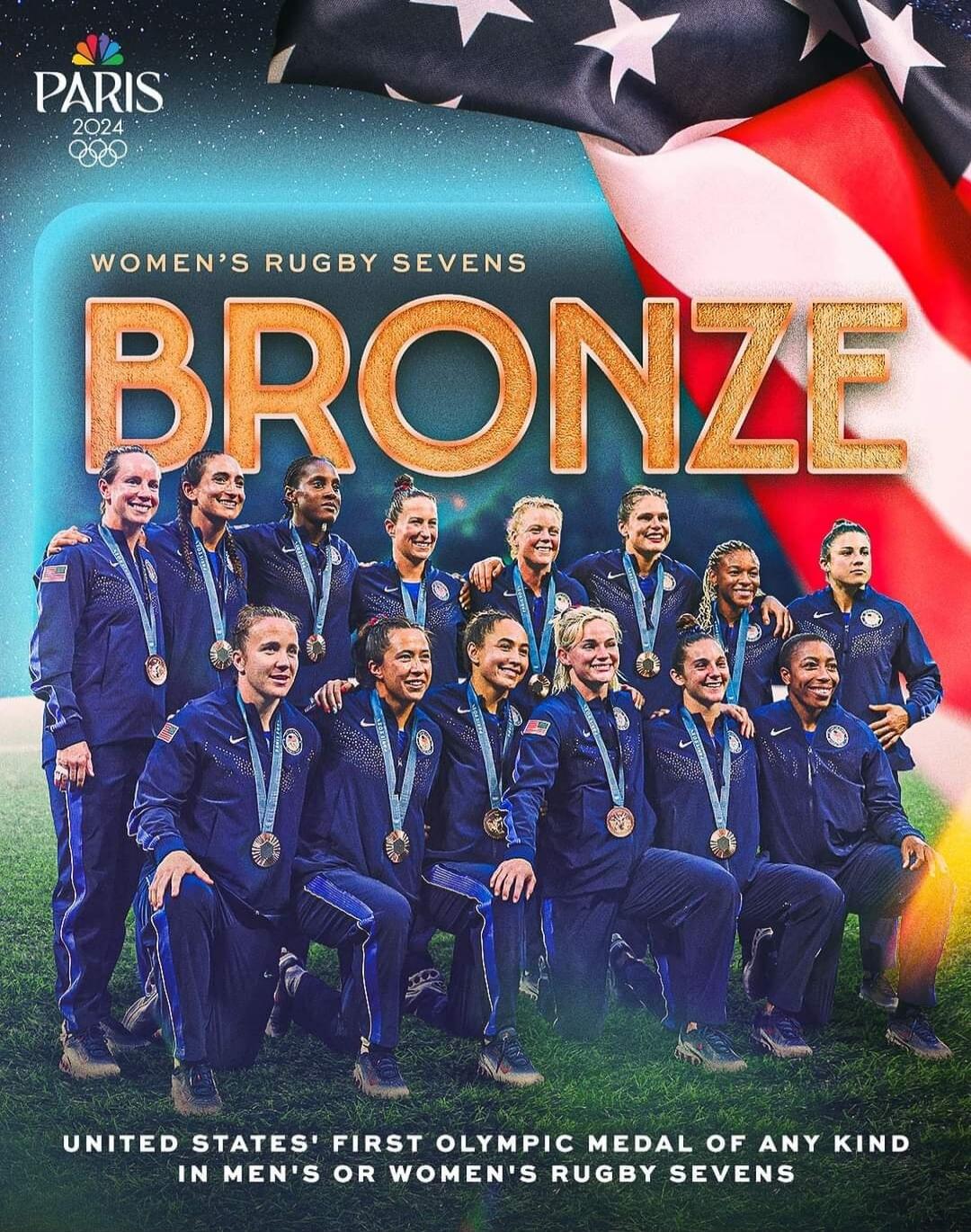 PARIS 2024 WOMEN'S RUGBY SEVENS BRONZE UNITED STATES' FIRST OLYMPIC MEDAL OF ANY KIND IN MEN'S OR WOMEN'S RUGBY SEVENS