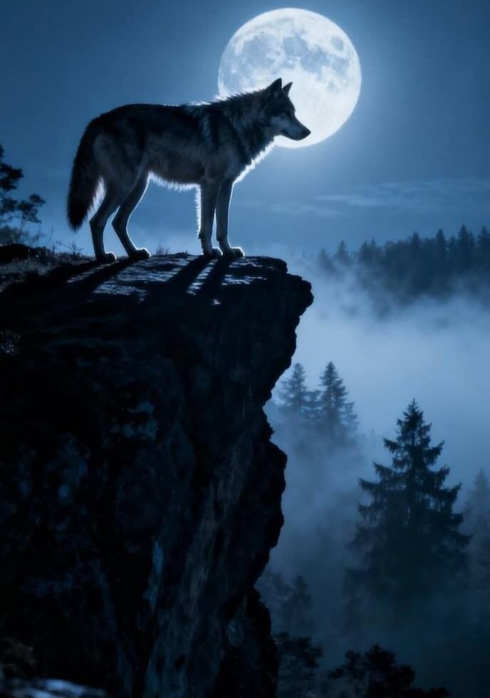 A wolf standing on a cliff with a full Moon in the night sky.