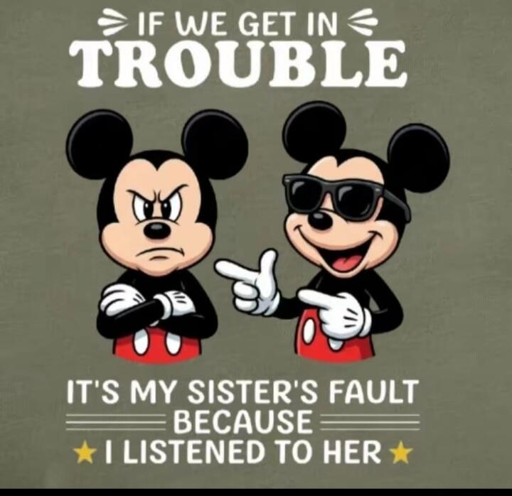 IF WE GET IN TROUBLE IT'S MY SISTER'S FAULT BECAUSE I LISTENED TO HER