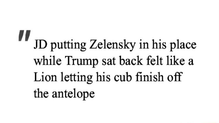 JD putting Zelensky in his place while Trump sat back felt like a Lion letting his cub finish off the antelope