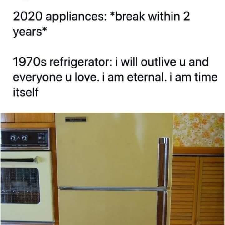 2020 appliances break within 2 years 1970s refrigerator i will outlive u and everyone u love i am eternal iam time itself