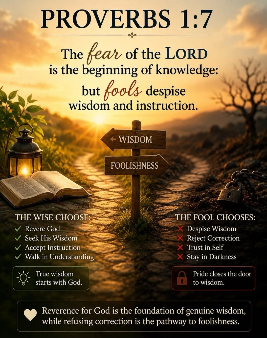 PROVERBS 1:7 The fear of the LORD is the beginning of knowledge: but fools despise wisdom and instruction. WISDOM FOOLISHNESS THE WISE CHOOSE: Revere God, Seek His Wisdom, Accept Instruction, Walk in Understanding. True wisdom starts with God. THE FOOL CHOOSES: Despise Wisdom, Reject Correction, Trust in Self, Stay in Darkness. Pride closes the doo