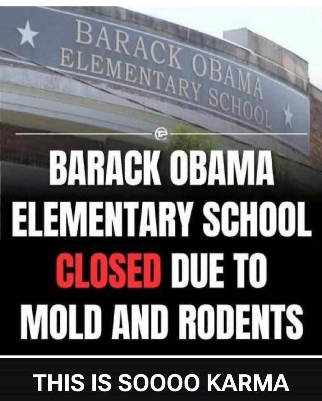 Barack Obama Elementary School. Barack Obama Elementary School closed due to mold and rodents. This is sooooo karma.